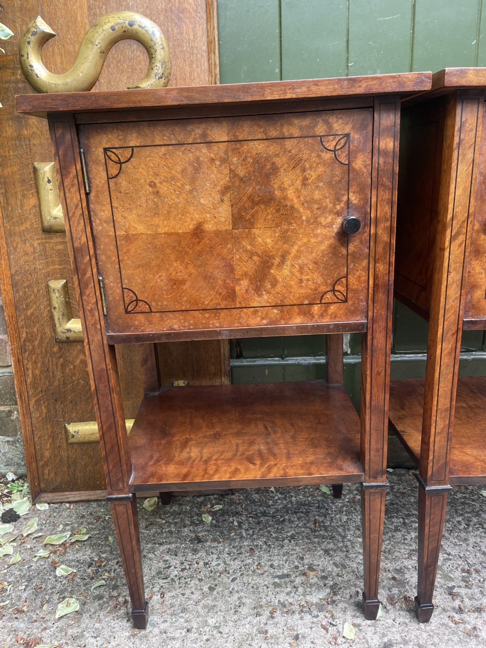 Pair of elegant late C19th figured walnut or satin birch bedside tables or nightstands.  View XX