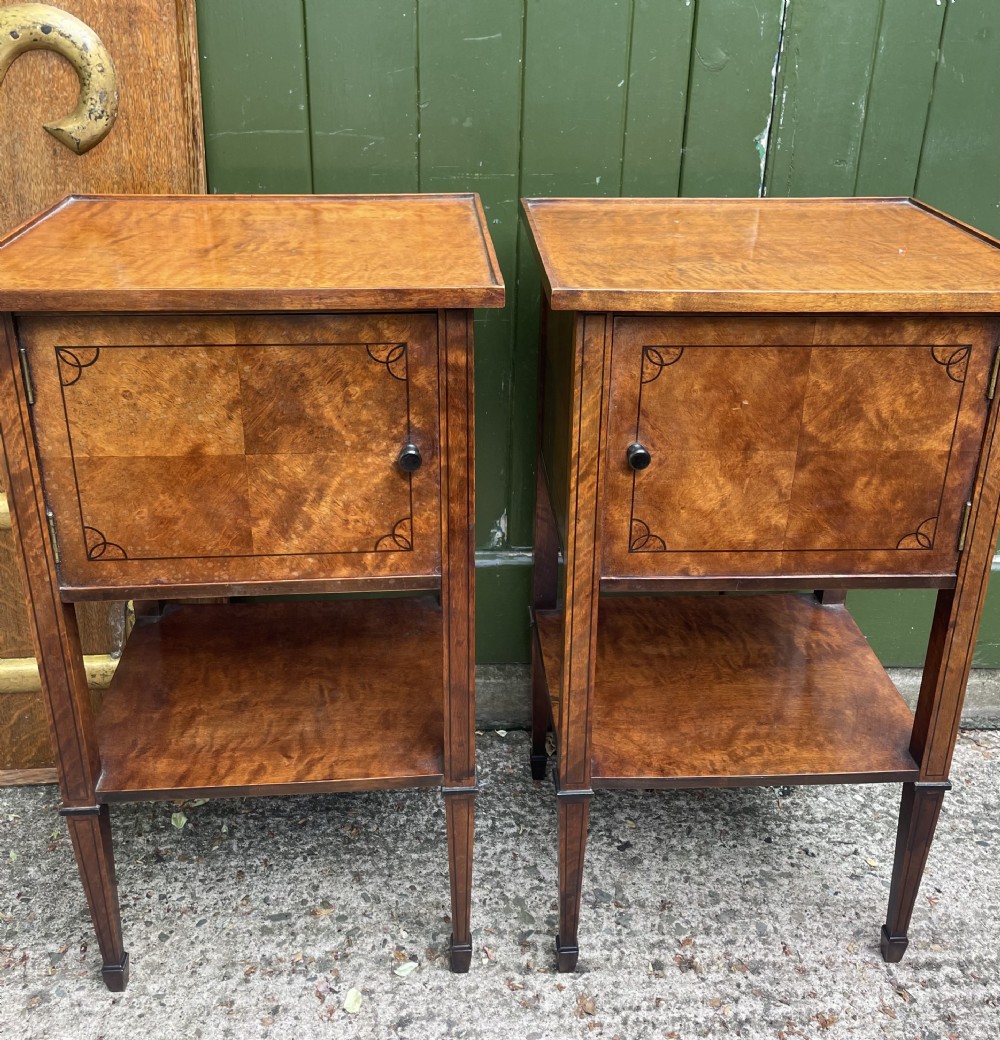 Pair of elegant late C19th figured walnut or satin birch bedside tables or nightstands.  View III