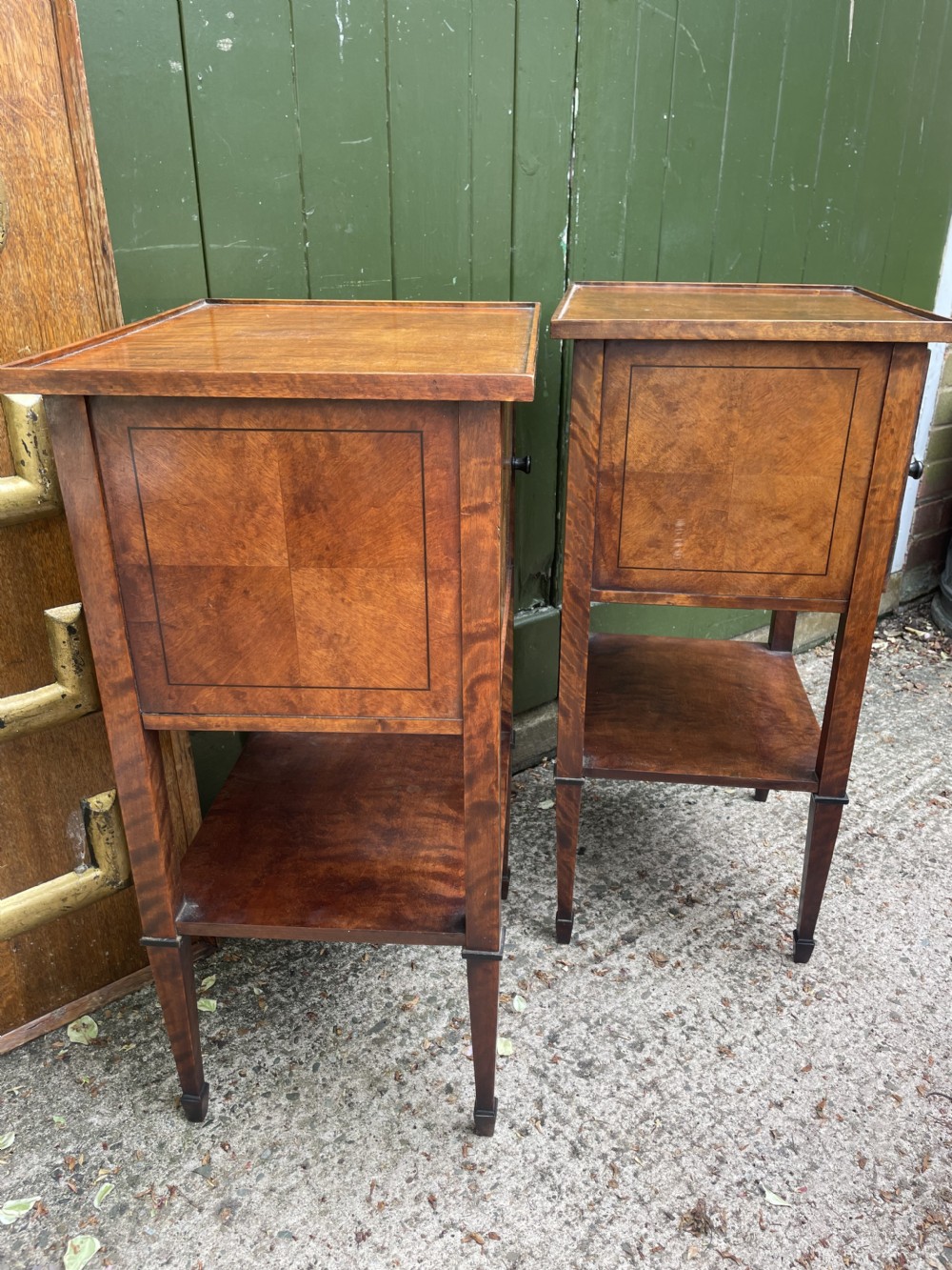 Pair of elegant late C19th figured walnut or satin birch bedside tables or nightstands.  View XXI