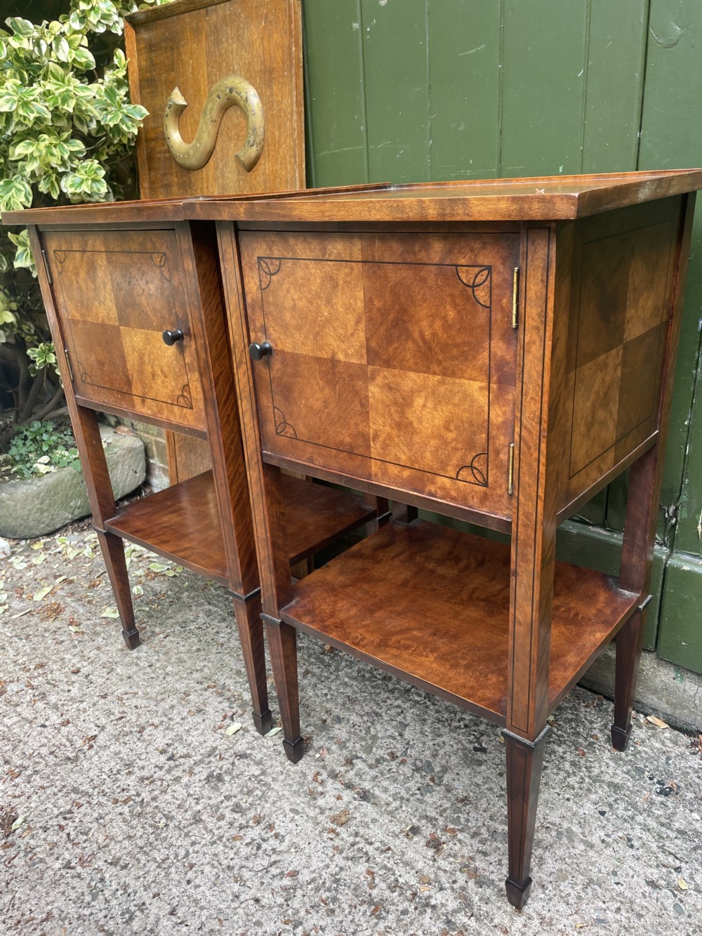 Pair of elegant late C19th figured walnut or satin birch bedside tables or nightstands.  View XXII