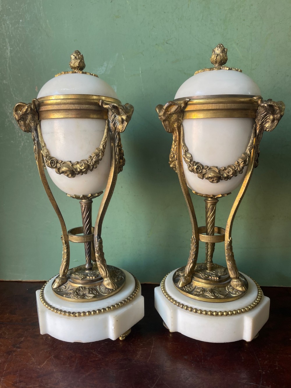 Pair of late C19th ormolu bronze mounted white marble reversible cassolettes in the Louis XVI taste . View II