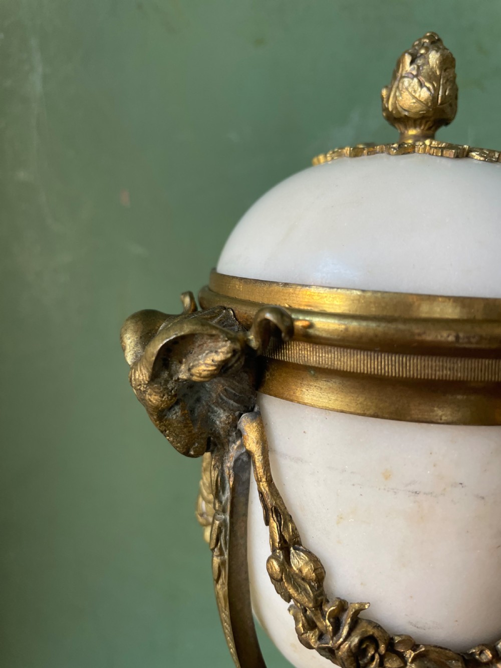 Pair of late C19th ormolu bronze mounted white marble reversible cassolettes in the Louis XVI taste . View III