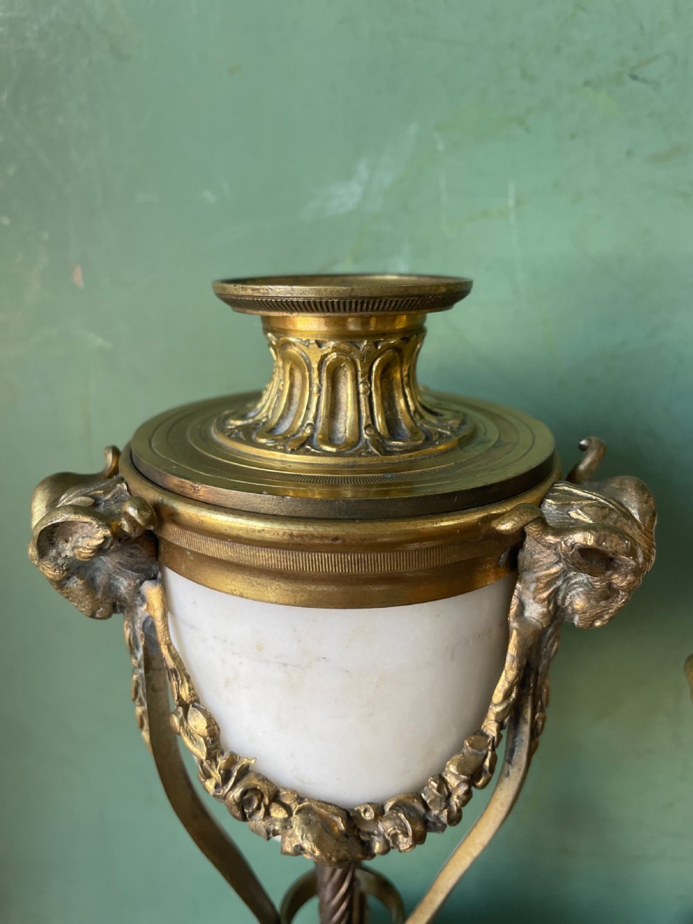Pair of late C19th ormolu bronze mounted white marble reversible cassolettes in the Louis XVI taste . View VI