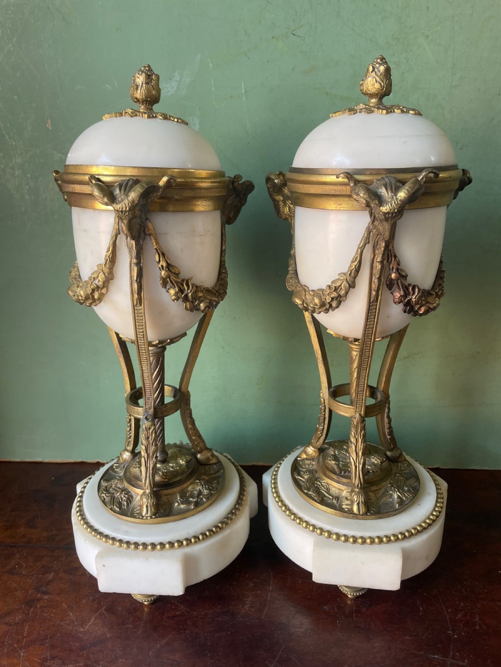 Pair of late C19th ormolu bronze mounted white marble reversible cassolettes in the Louis XVI taste . View VIII