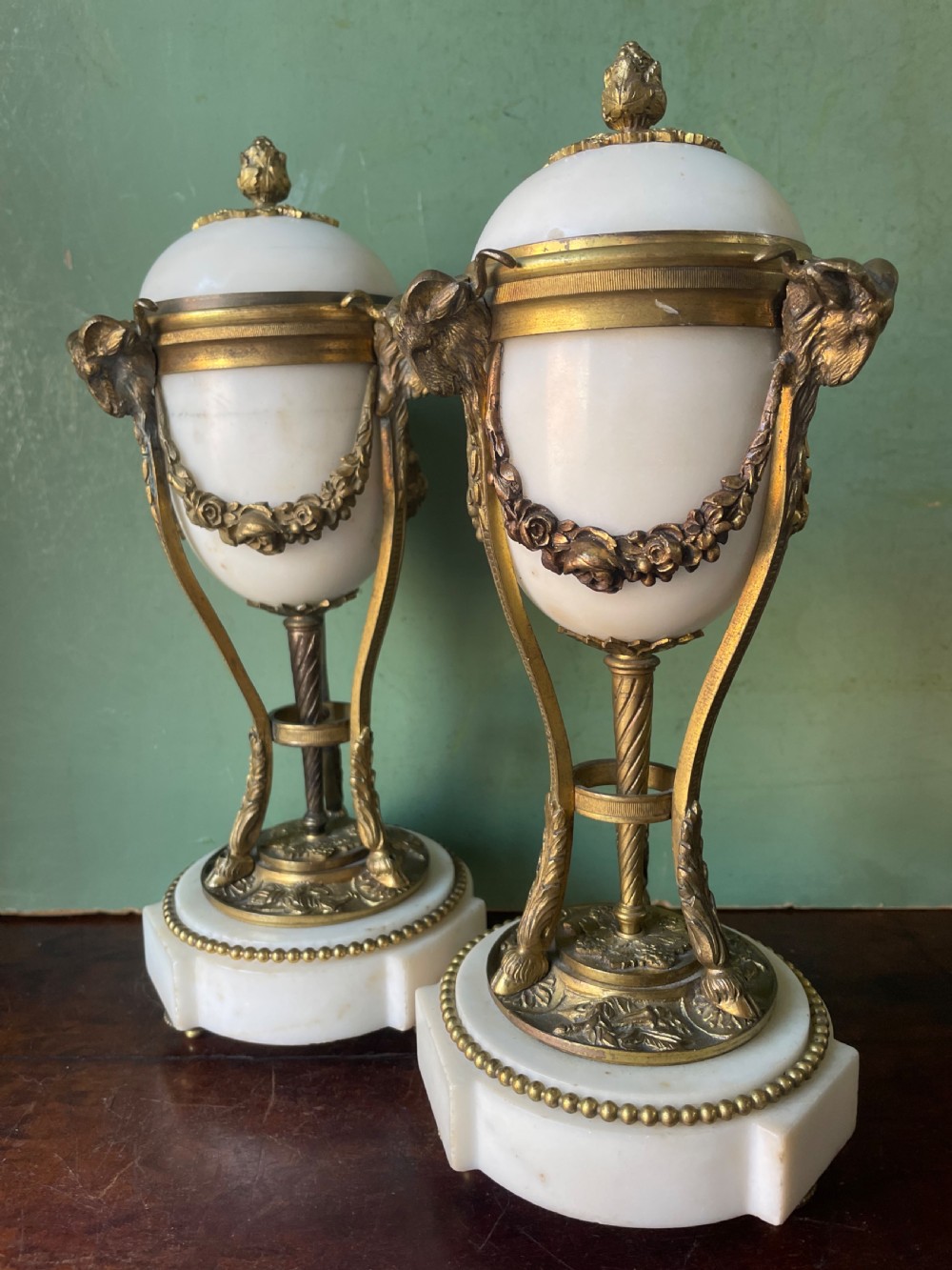 Pair of late C19th ormolu bronze mounted white marble reversible cassolettes in the Louis XVI taste . View IX