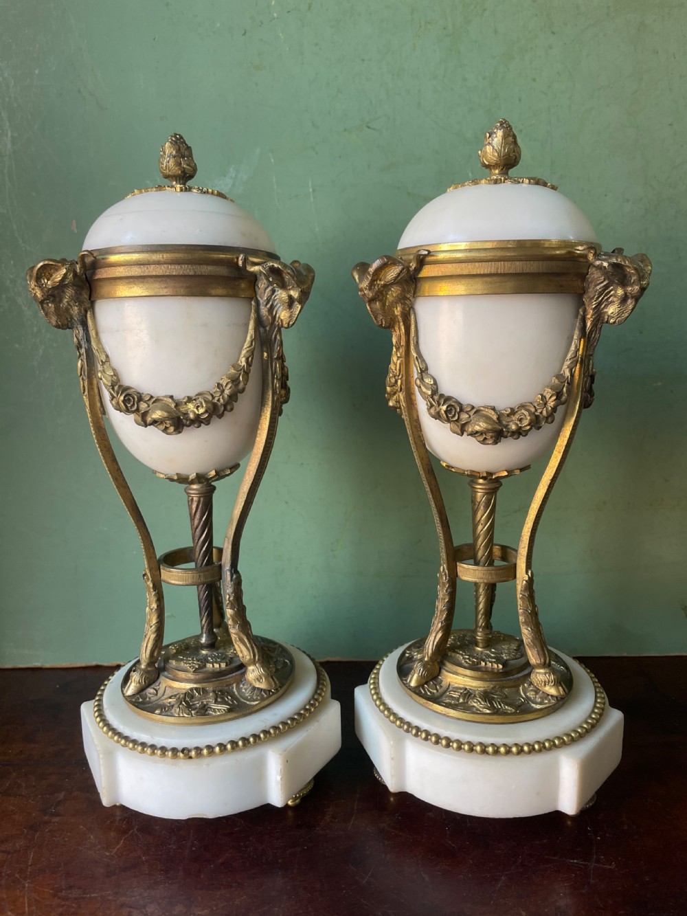 Pair of late C19th ormolu bronze mounted white marble reversible cassolettes in the Louis XVI taste . View XIV