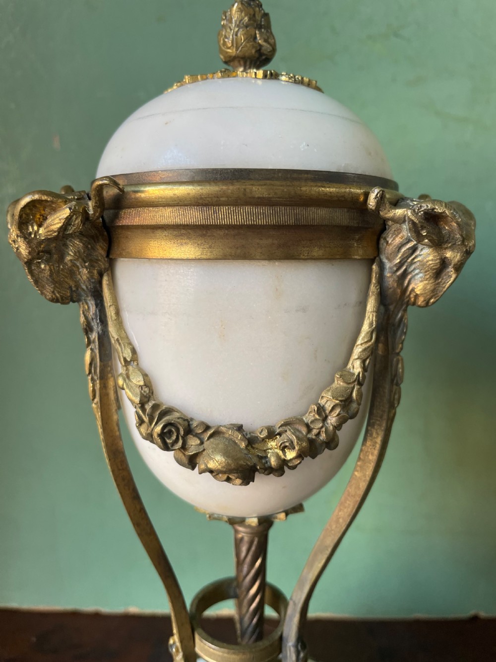 Pair of late C19th ormolu bronze mounted white marble reversible cassolettes in the Louis XVI taste . View XVII