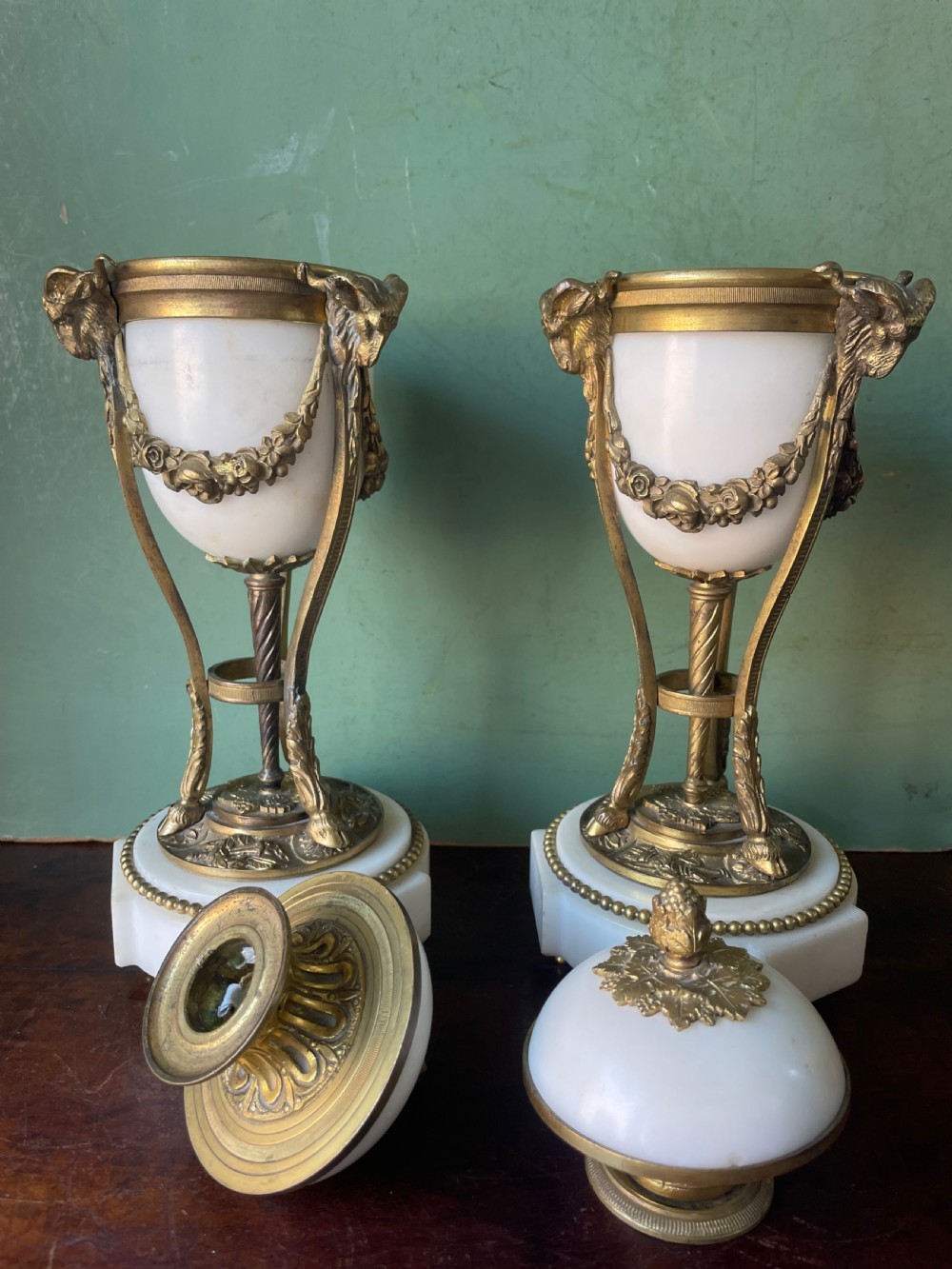 Pair of late C19th ormolu bronze mounted white marble reversible cassolettes in the Louis XVI taste . View XIX