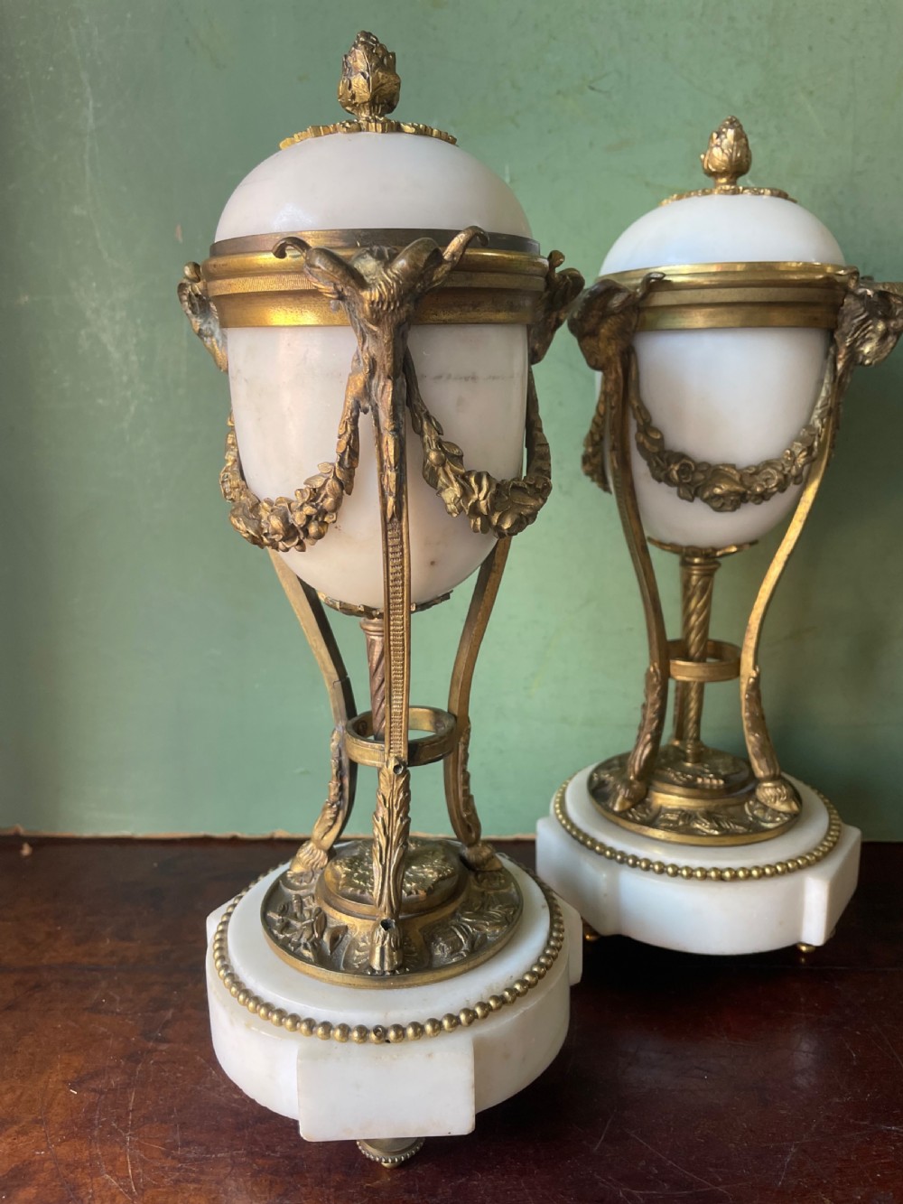 Pair of late C19th ormolu bronze mounted white marble reversible cassolettes in the Louis XVI taste . View XXI