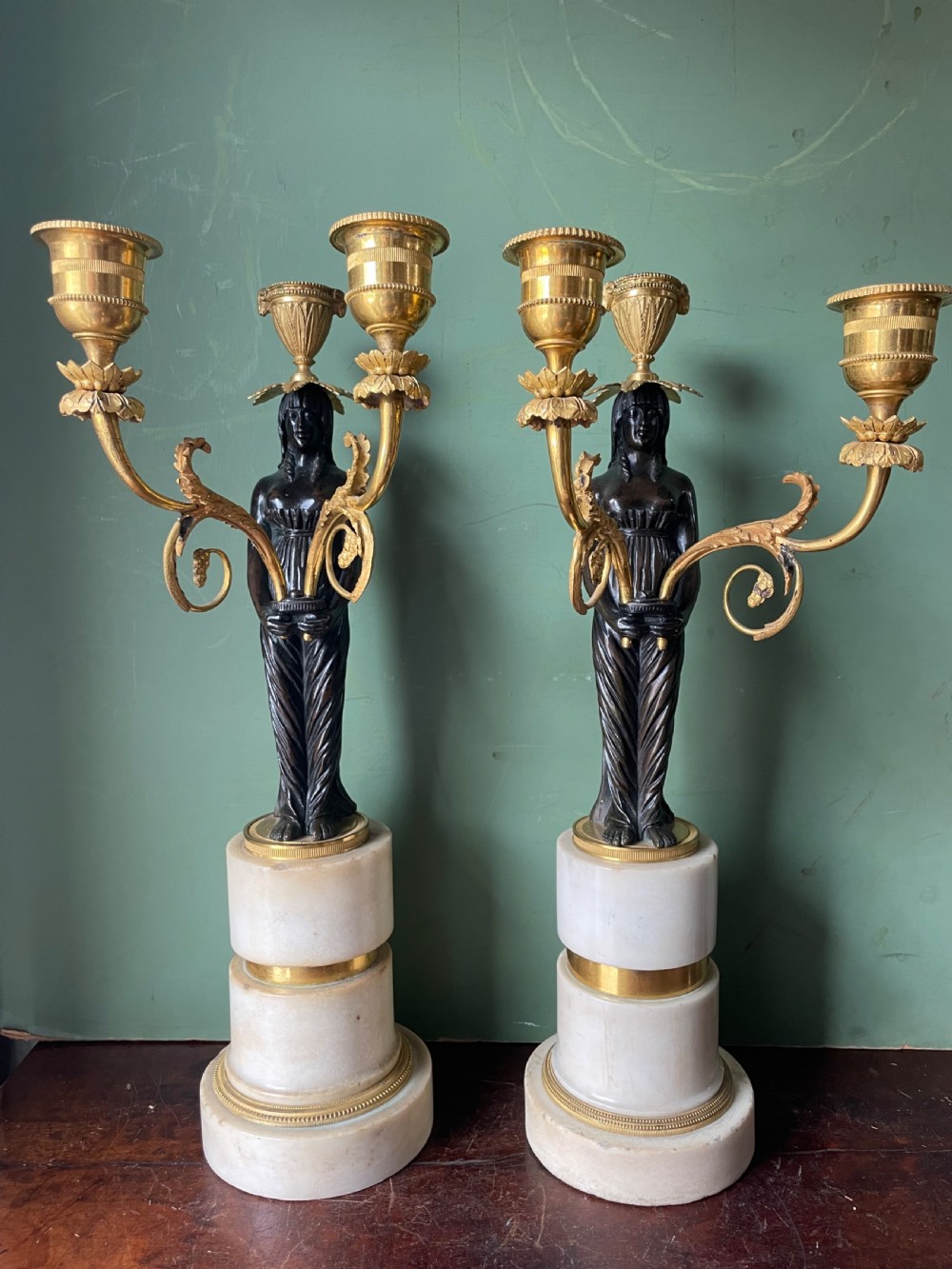 Fine quality pair of early C19th Empire style bronze and ormolu bronze candelabras . View III
