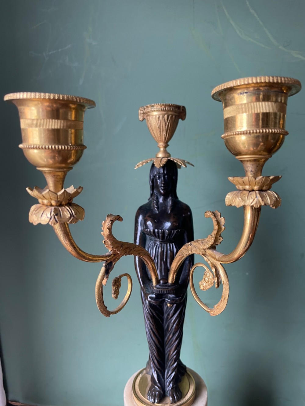 Fine quality pair of early C19th Empire style bronze and ormolu bronze candelabras . View V