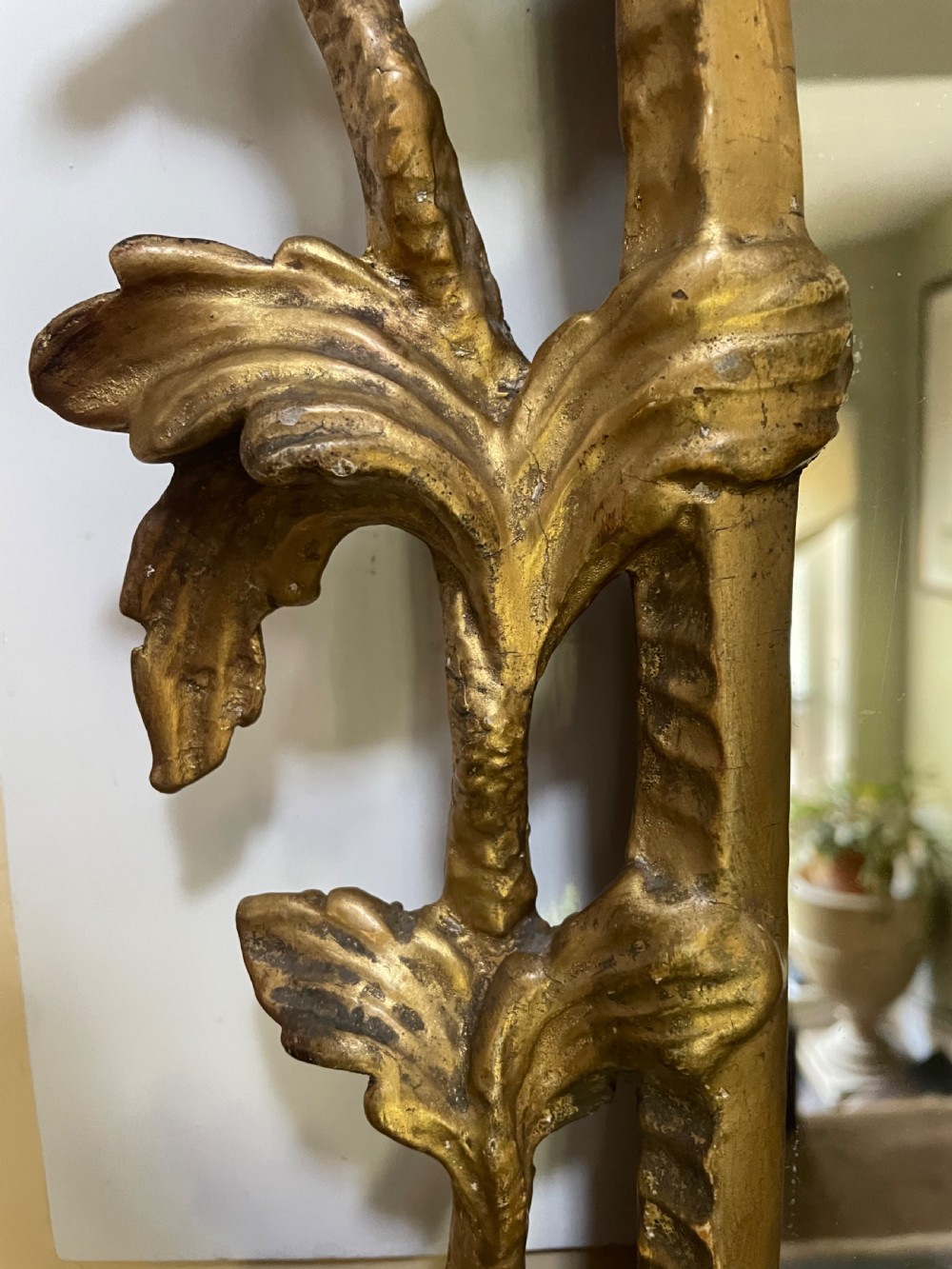 C18th George III Chippendale period carved gilt-wood frame rococo-style wall mirror. View IX