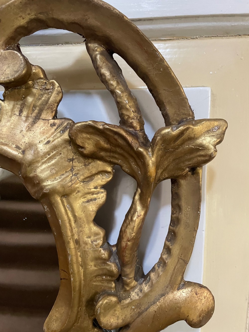 C18th George III Chippendale period carved gilt-wood frame rococo-style wall mirror. View X