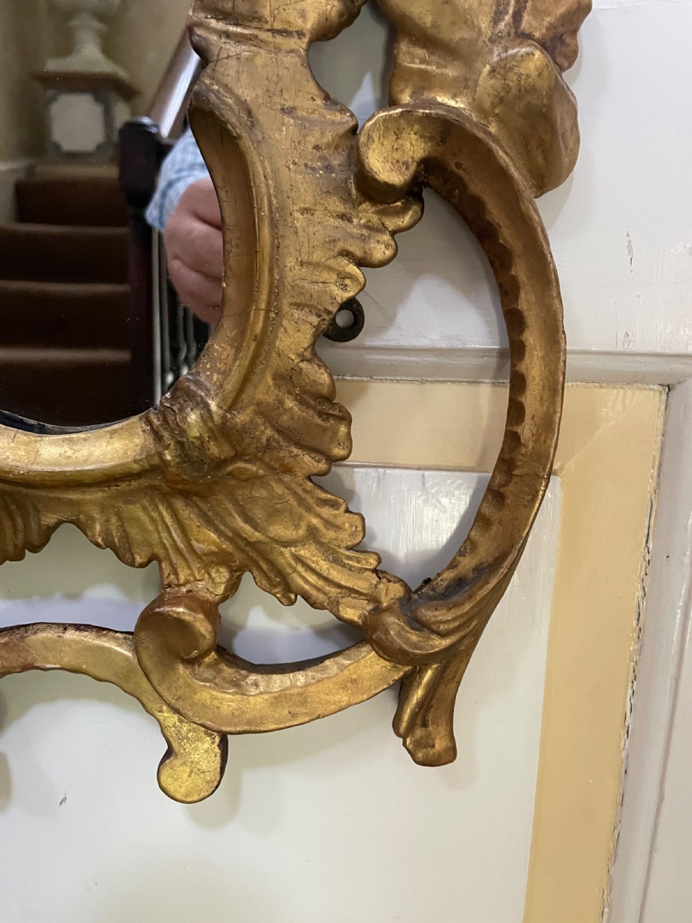 C18th George III Chippendale period carved gilt-wood frame rococo-style wall mirror. View XI