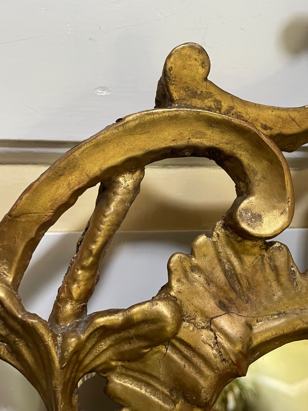 C18th George III Chippendale period carved gilt-wood frame rococo-style wall mirror. View XII