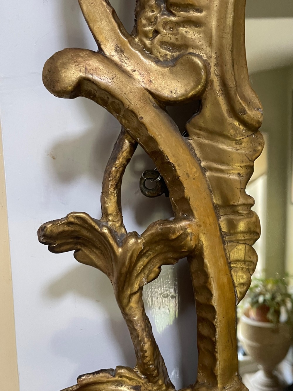 C18th George III Chippendale period carved gilt-wood frame rococo-style wall mirror. View XIII