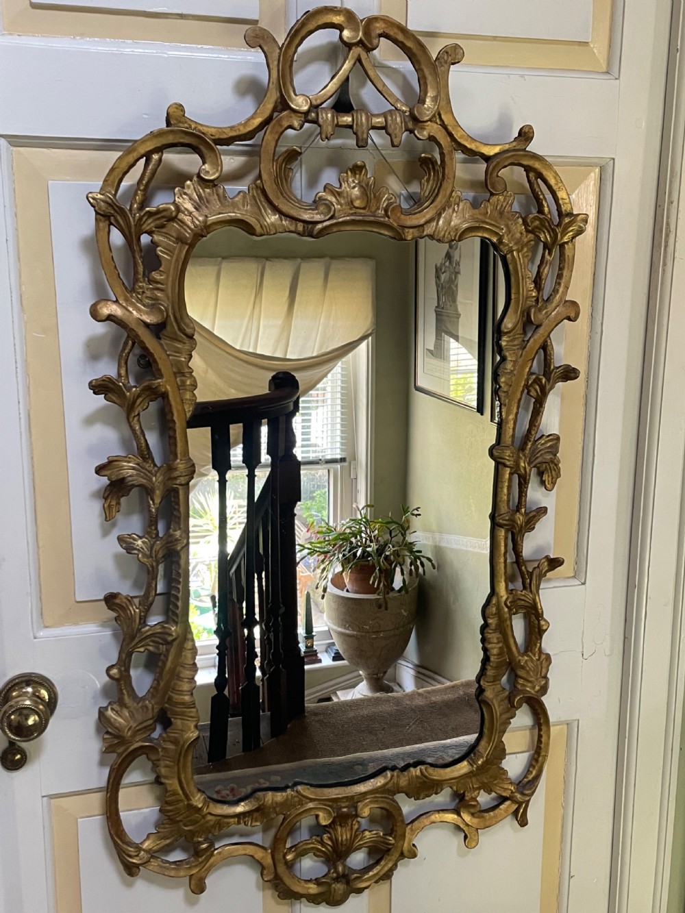 C18th George III Chippendale period carved gilt-wood frame rococo-style wall mirror. View XIV