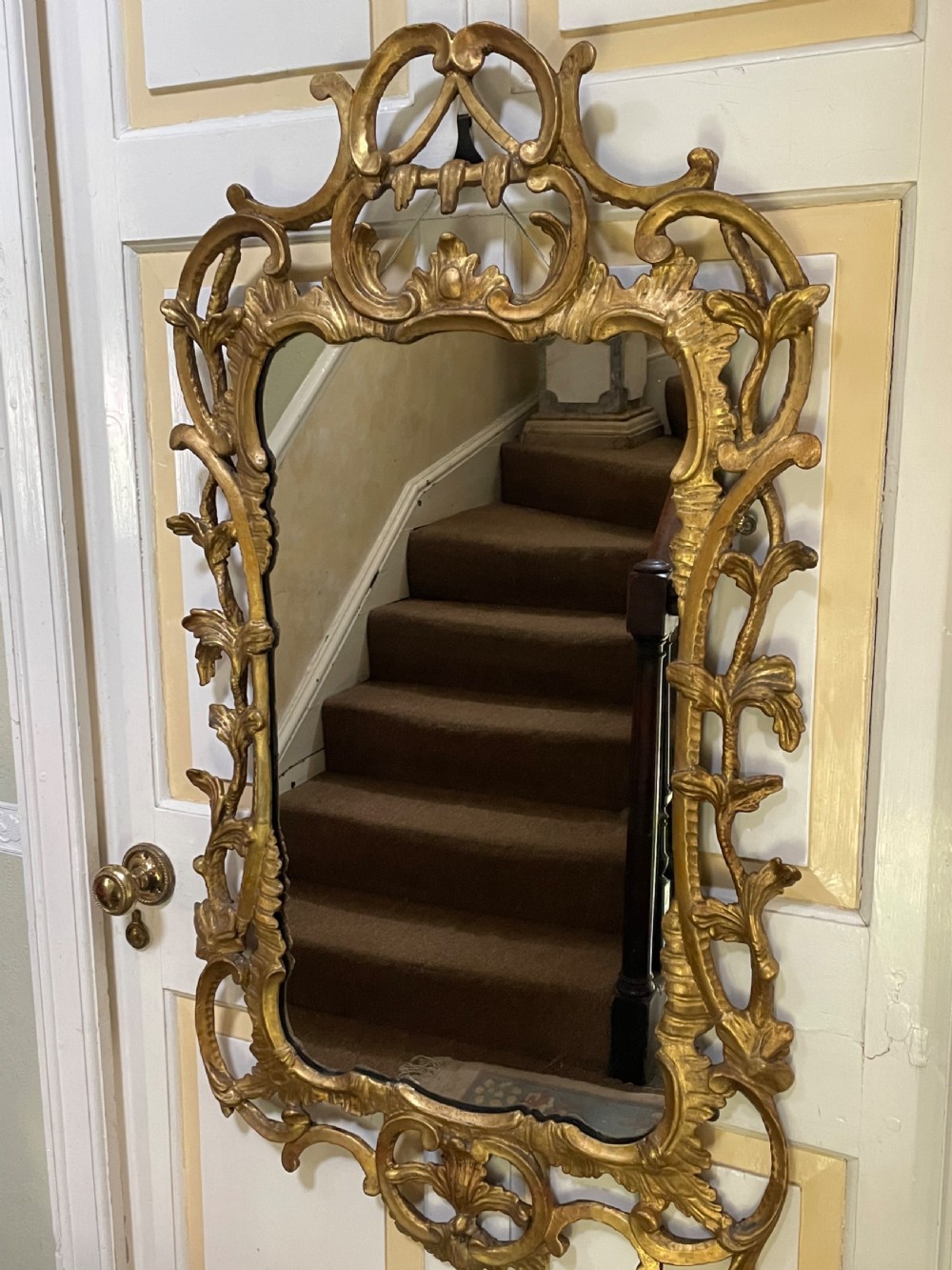 C18th George III Chippendale period carved gilt-wood frame rococo-style wall mirror. View XV