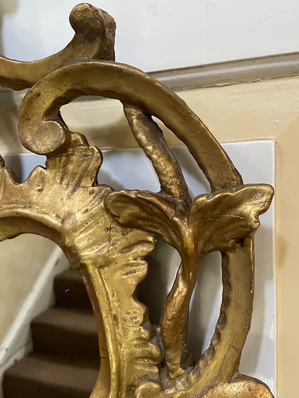 C18th George III Chippendale period carved gilt-wood frame rococo-style wall mirror. View XVII
