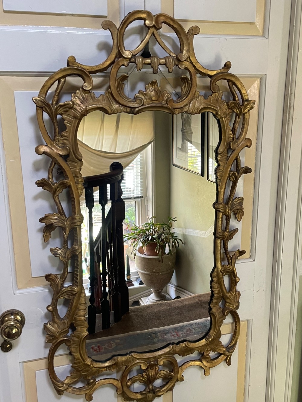 C18th George III Chippendale period carved gilt-wood frame rococo-style wall mirror. View XVIII