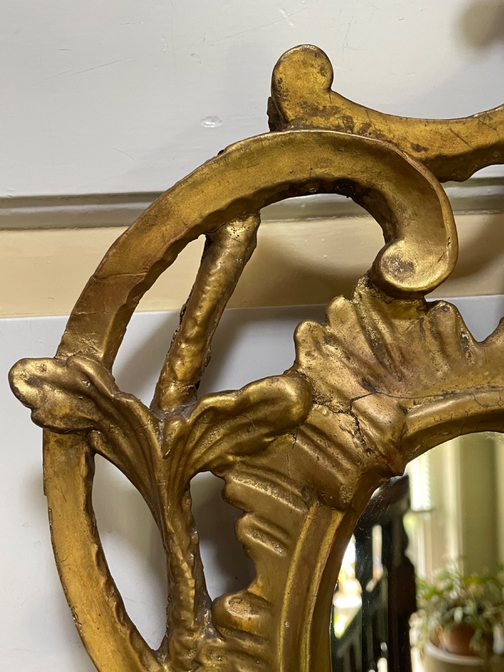 C18th George III Chippendale period carved gilt-wood frame rococo-style wall mirror. View XIX