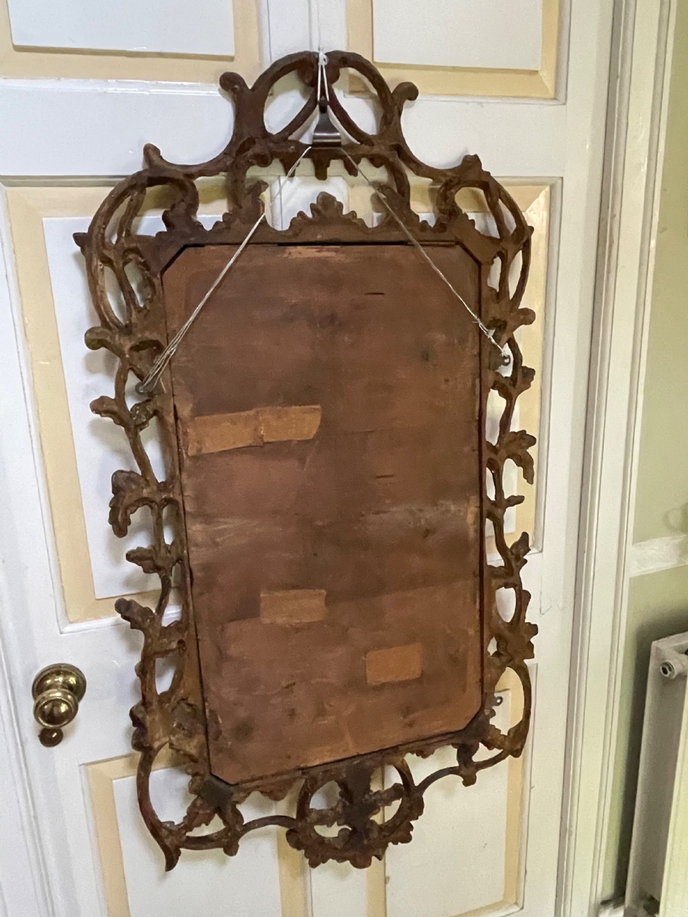 C18th George III Chippendale period carved gilt-wood frame rococo-style wall mirror. View XX