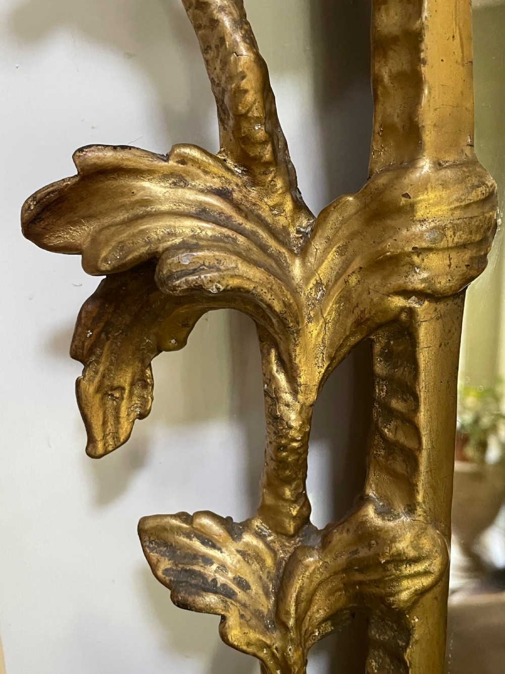 C18th George III Chippendale period carved gilt-wood frame rococo-style wall mirror. View XXI