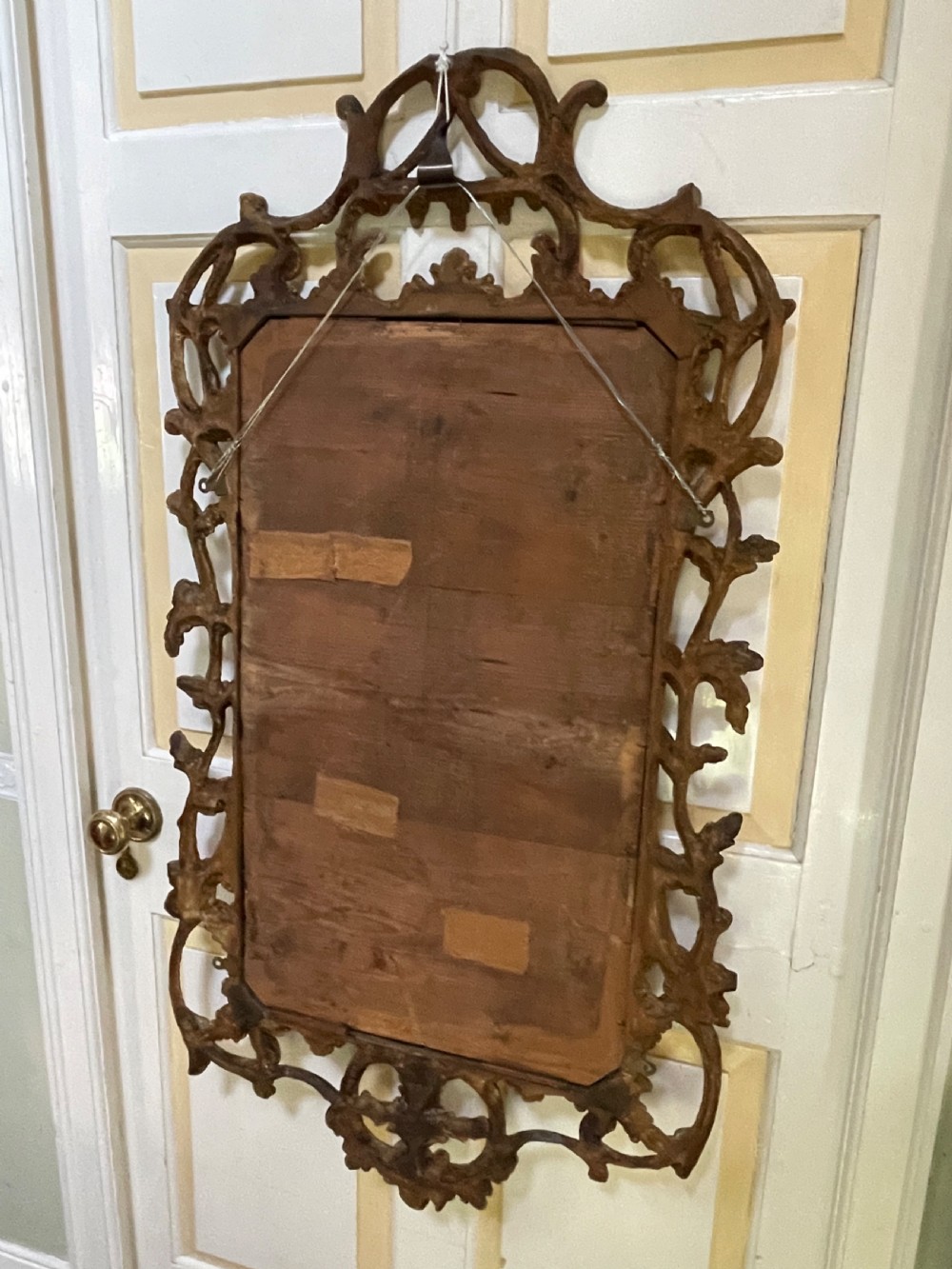 C18th George III Chippendale period carved gilt-wood frame rococo-style wall mirror. View XXII