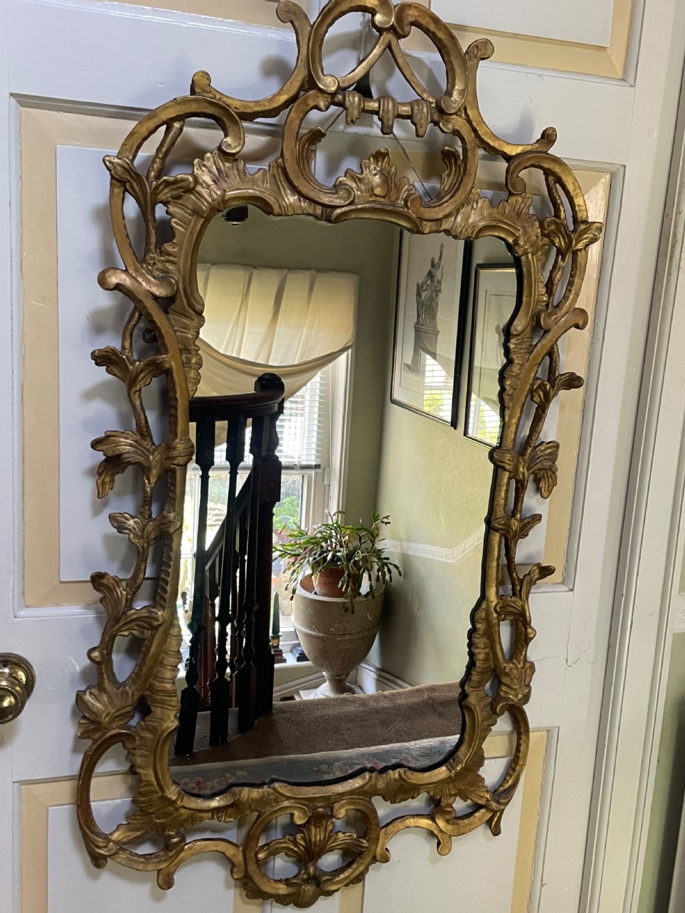 C18th George III Chippendale period carved gilt-wood frame rococo-style wall mirror. View XXVI
