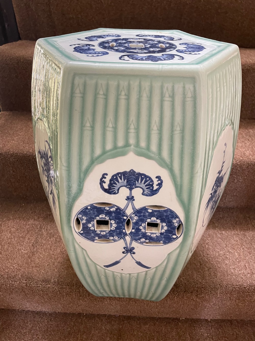C19th Chinese late Qing Dynasty celadon porcelain ‘barrel-shaped’ garden seat . View II