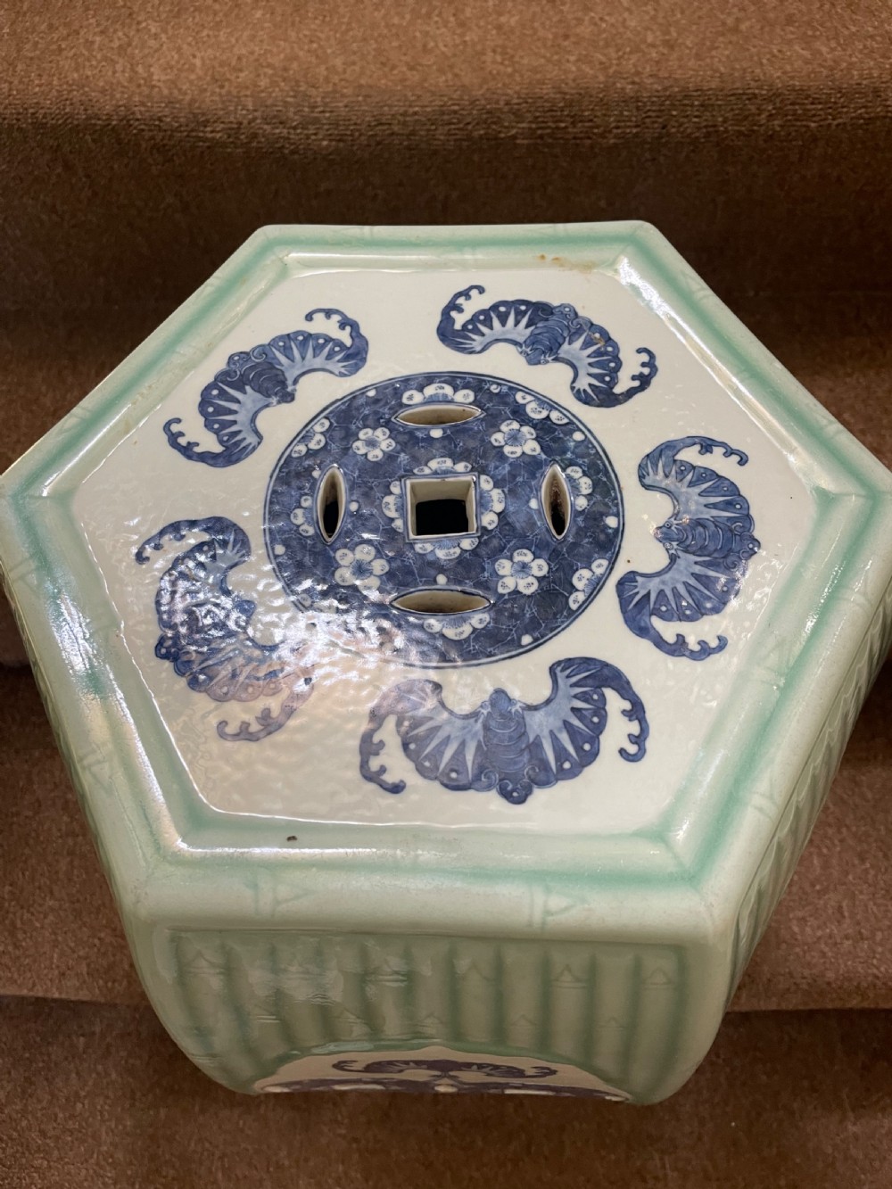 C19th Chinese late Qing Dynasty celadon porcelain ‘barrel-shaped’ garden seat . View IV