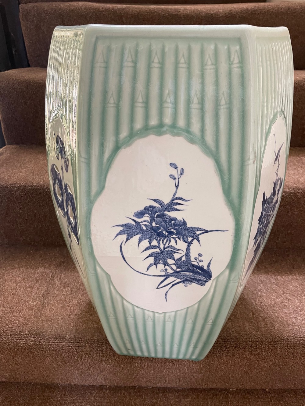 C19th Chinese late Qing Dynasty celadon porcelain ‘barrel-shaped’ garden seat . View V