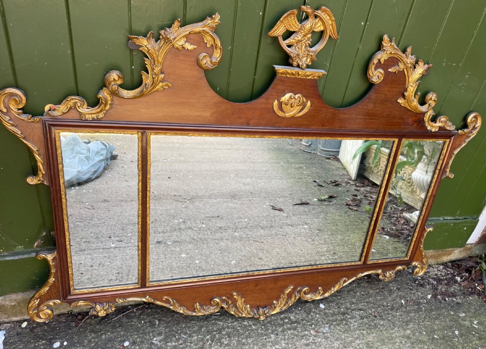 Larger scale early C20th George II period revival  Chippendale style mahogany and partial-gilt framed mirror. View VI