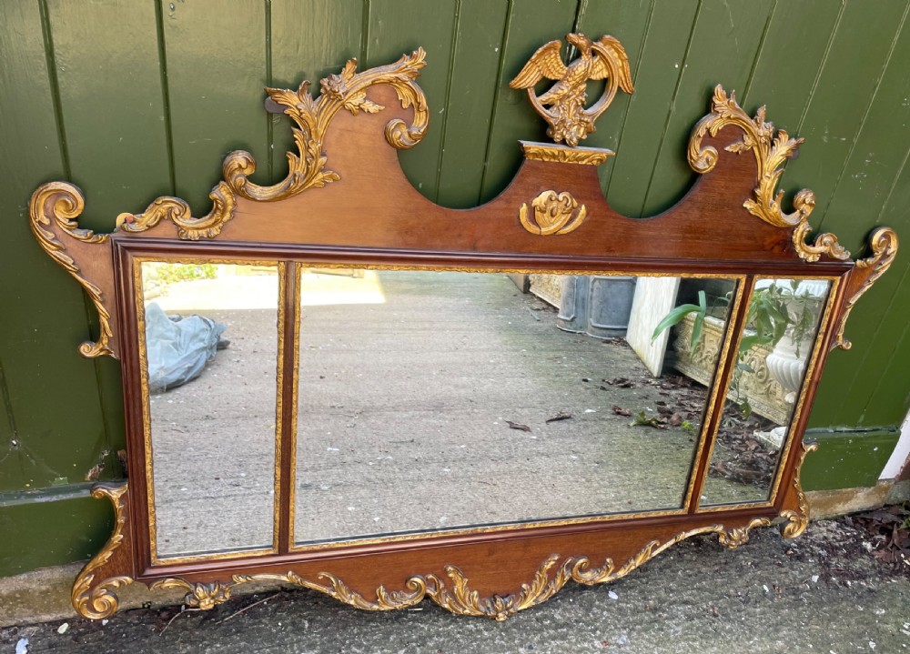 Larger scale early C20th George II period revival  Chippendale style mahogany and partial-gilt framed mirror. View X