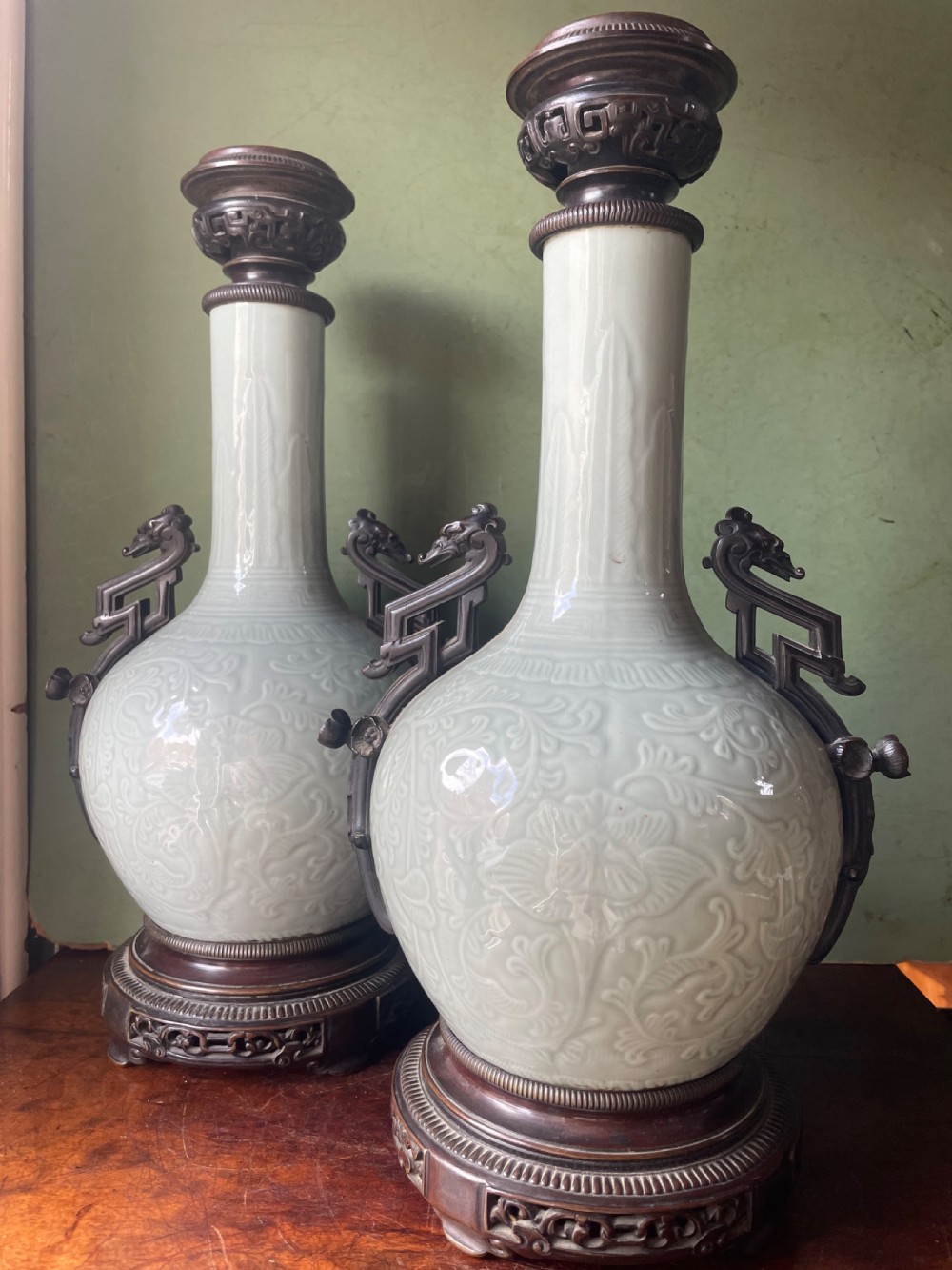 Pair of C19th French celadon porcelain Chinese style bronze-mounted lamps . View II