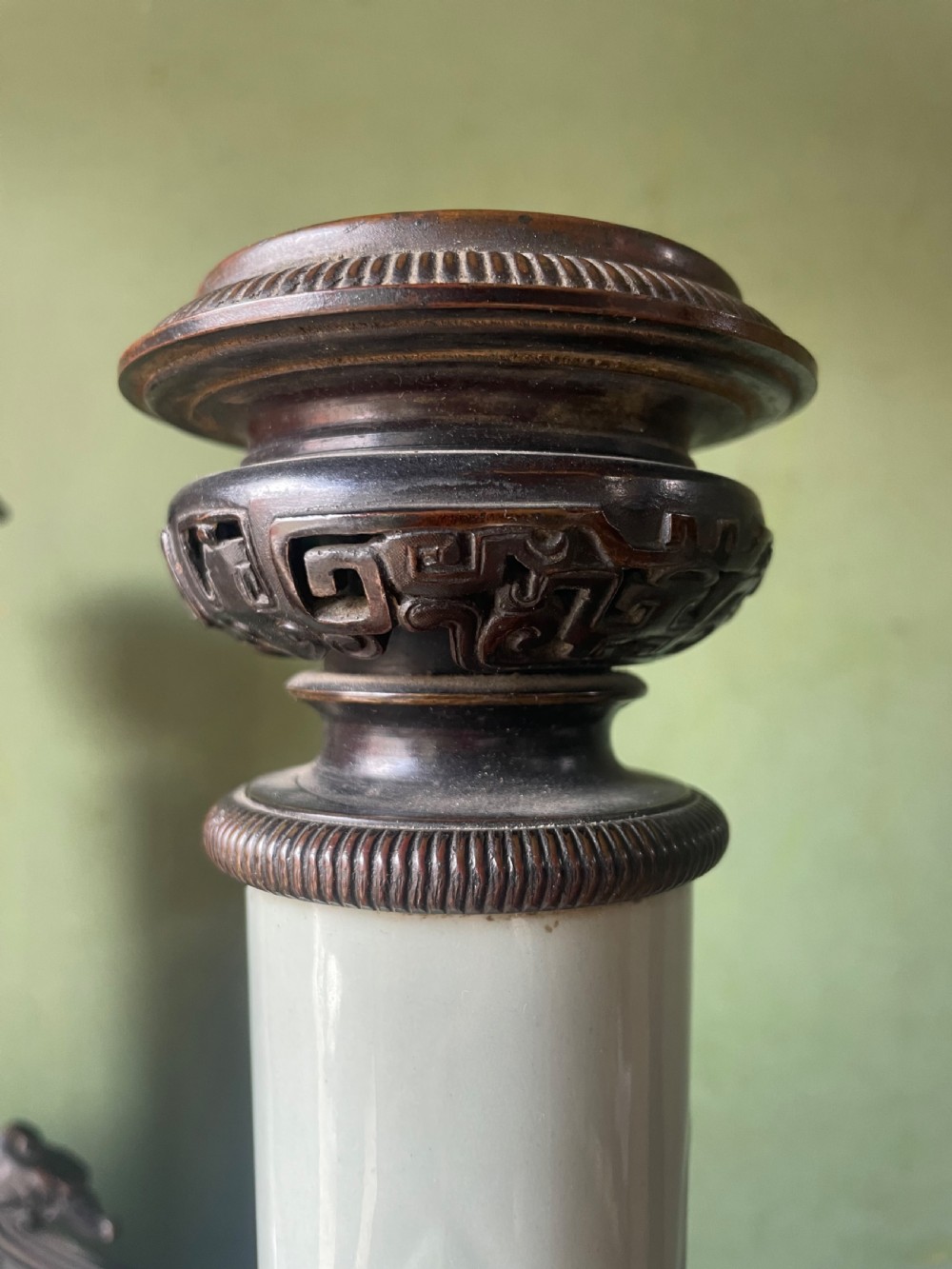 Pair of C19th French celadon porcelain Chinese style bronze-mounted lamps . View III
