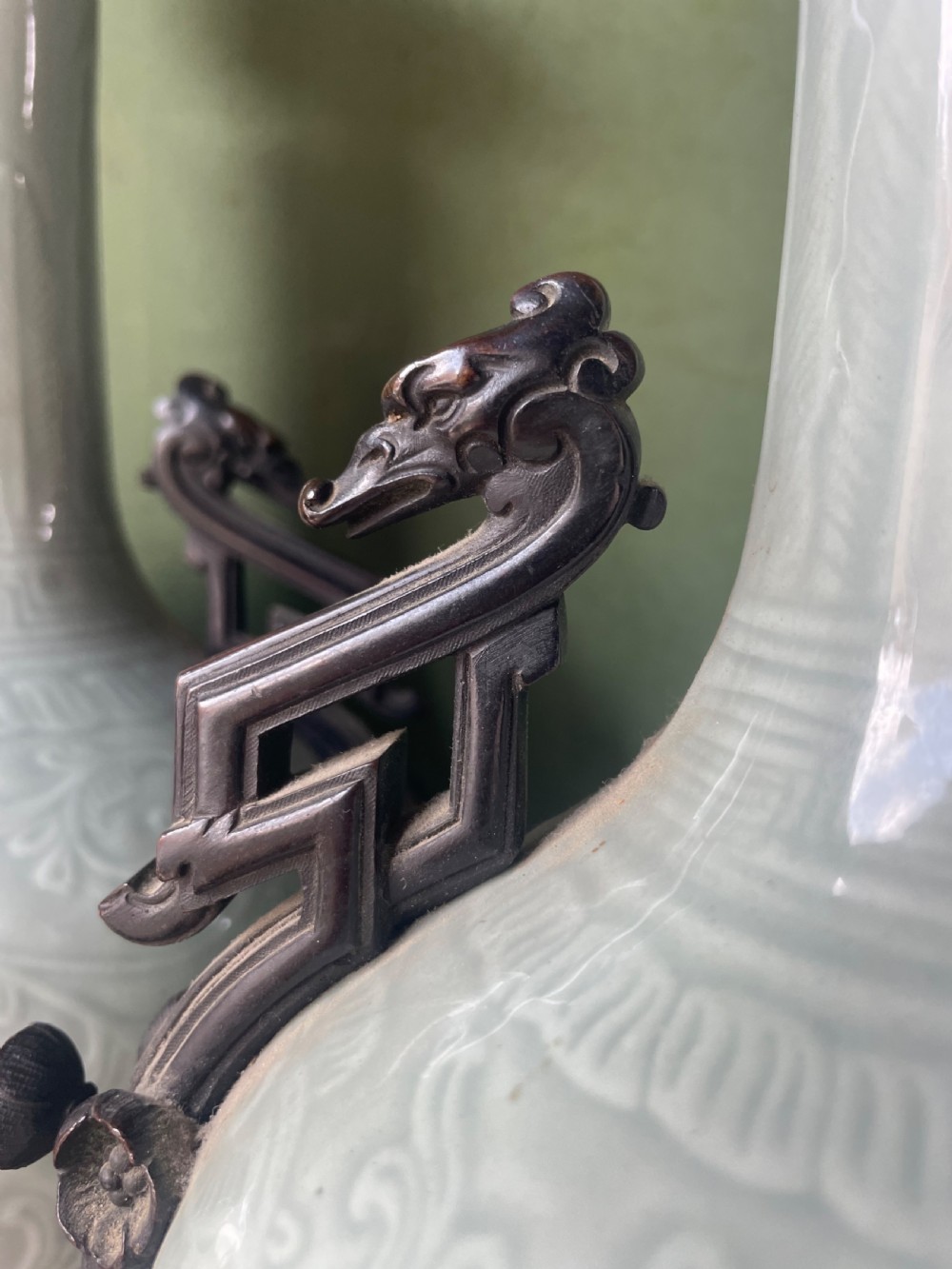 Pair of C19th French celadon porcelain Chinese style bronze-mounted lamps . View IV