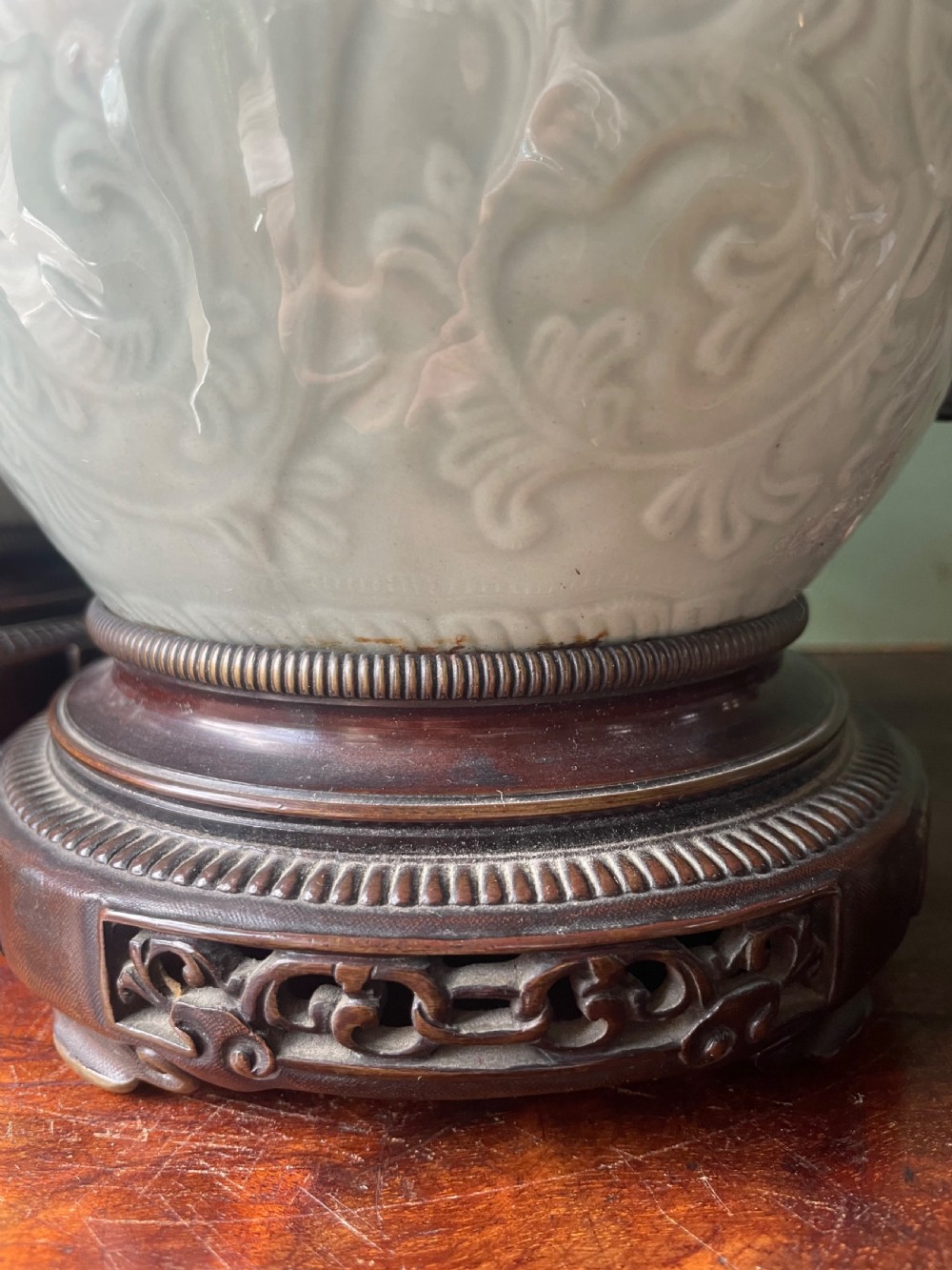 Pair of C19th French celadon porcelain Chinese style bronze-mounted lamps . View V
