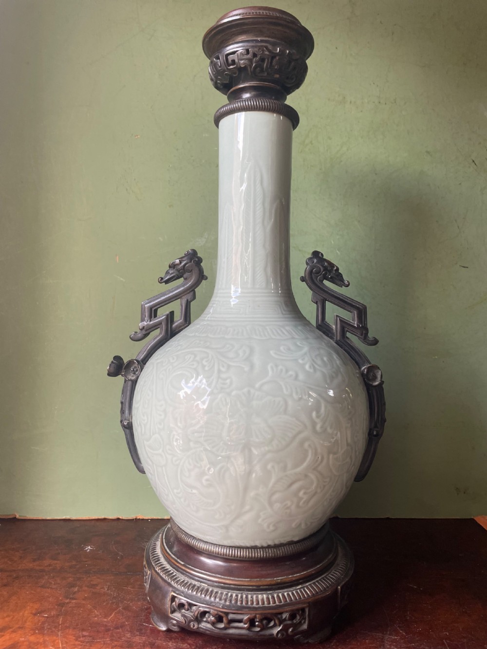 Pair of C19th French celadon porcelain Chinese style bronze-mounted lamps . View VI