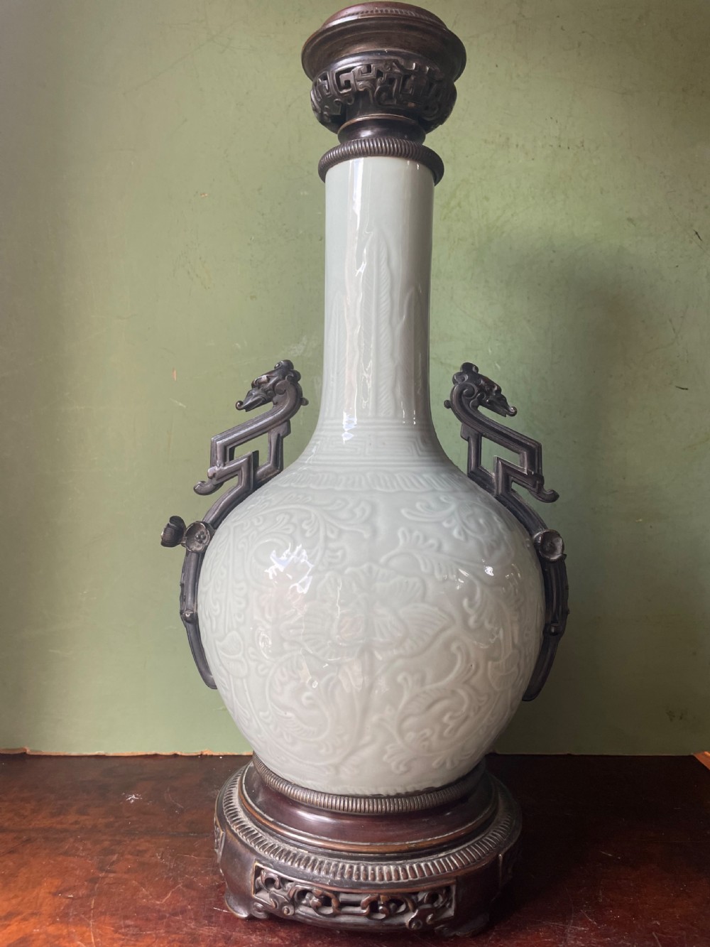 Pair of C19th French celadon porcelain Chinese style bronze-mounted lamps . View VII