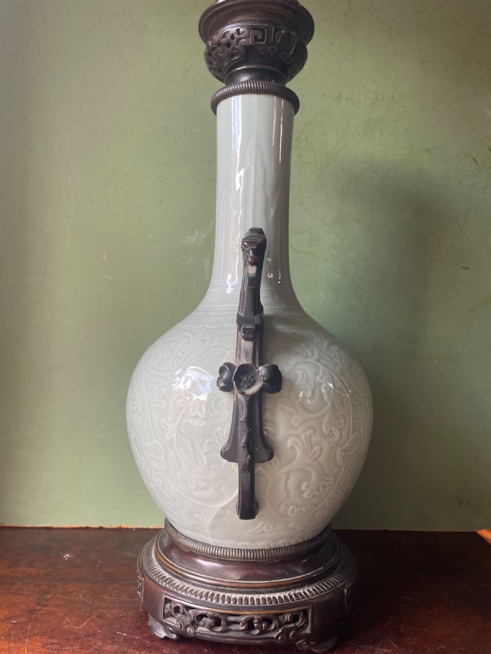 Pair of C19th French celadon porcelain Chinese style bronze-mounted lamps . View VIII
