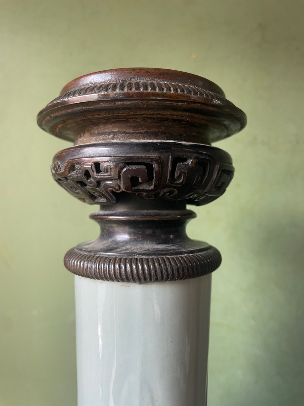 Pair of C19th French celadon porcelain Chinese style bronze-mounted lamps . View IX