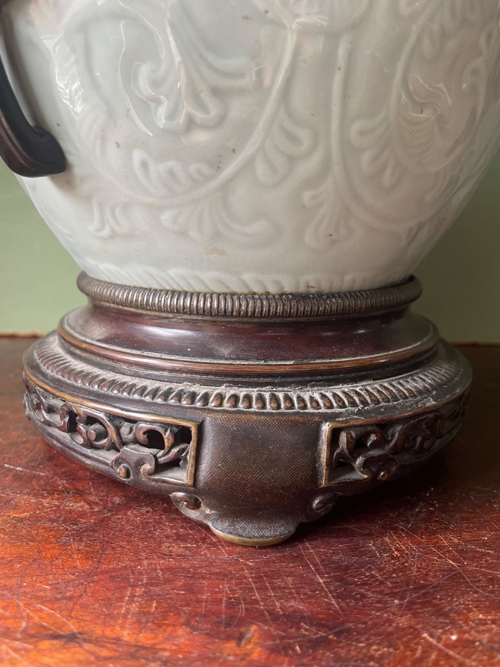 Pair of C19th French celadon porcelain Chinese style bronze-mounted lamps . View X