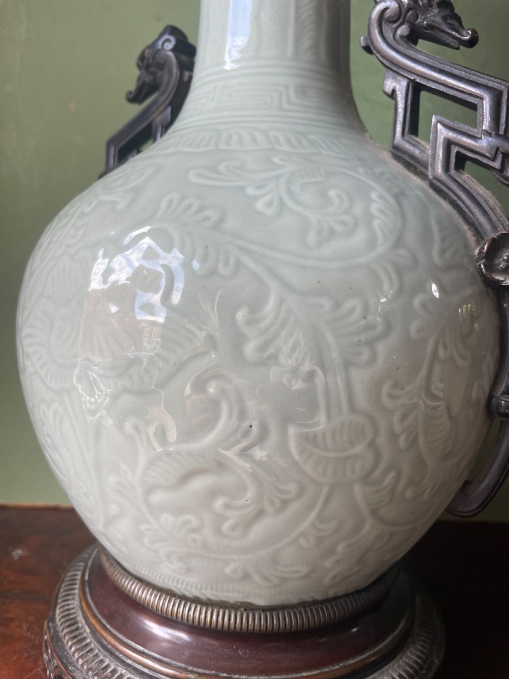 Pair of C19th French celadon porcelain Chinese style bronze-mounted lamps . View XI