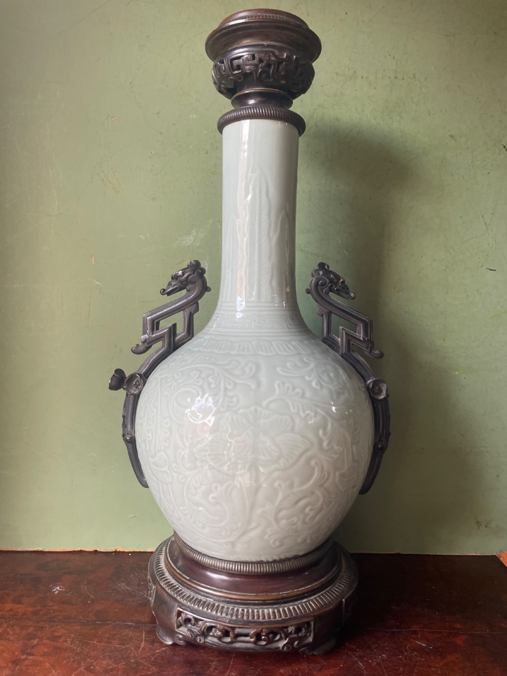 Pair of C19th French celadon porcelain Chinese style bronze-mounted lamps . View XIII