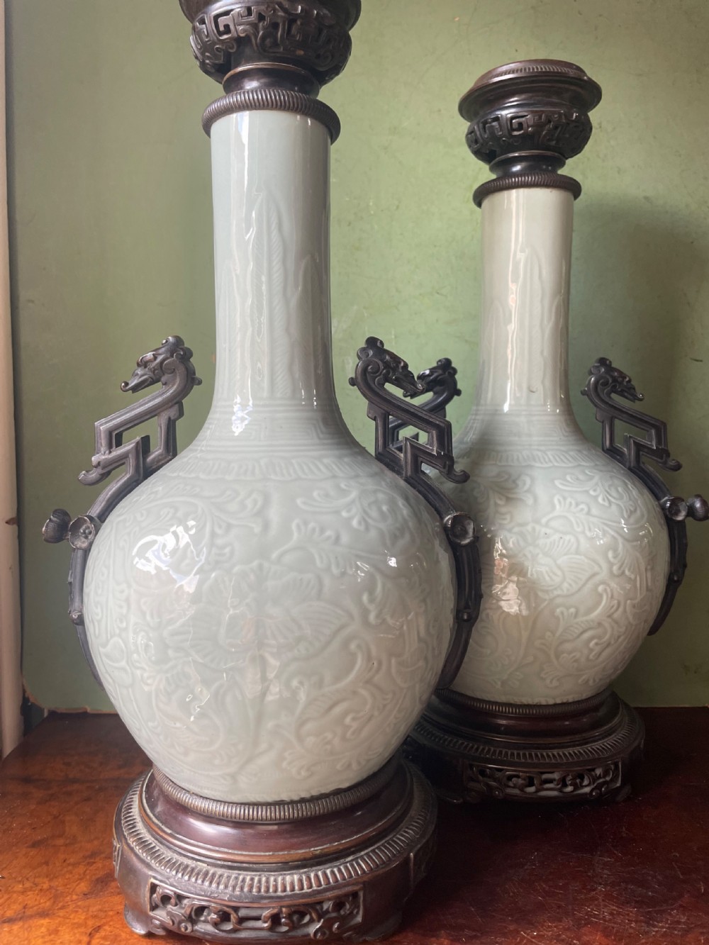 Pair of C19th French celadon porcelain Chinese style bronze-mounted lamps . View XIV