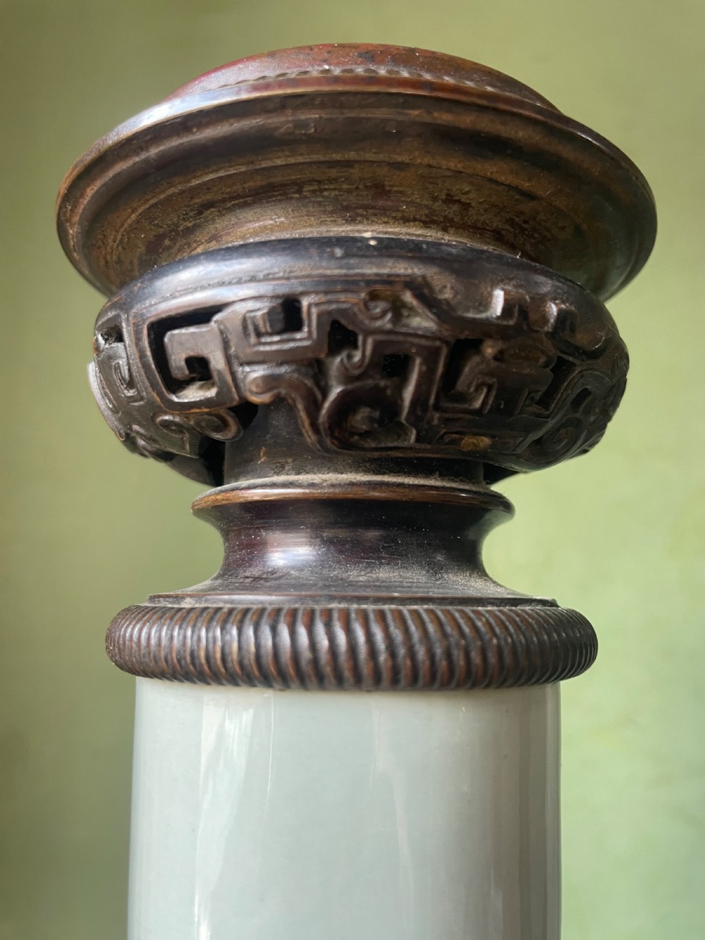 Pair of C19th French celadon porcelain Chinese style bronze-mounted lamps . View XV