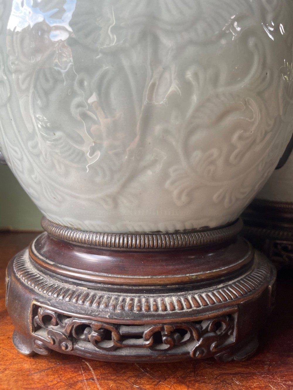 Pair of C19th French celadon porcelain Chinese style bronze-mounted lamps . View XVI