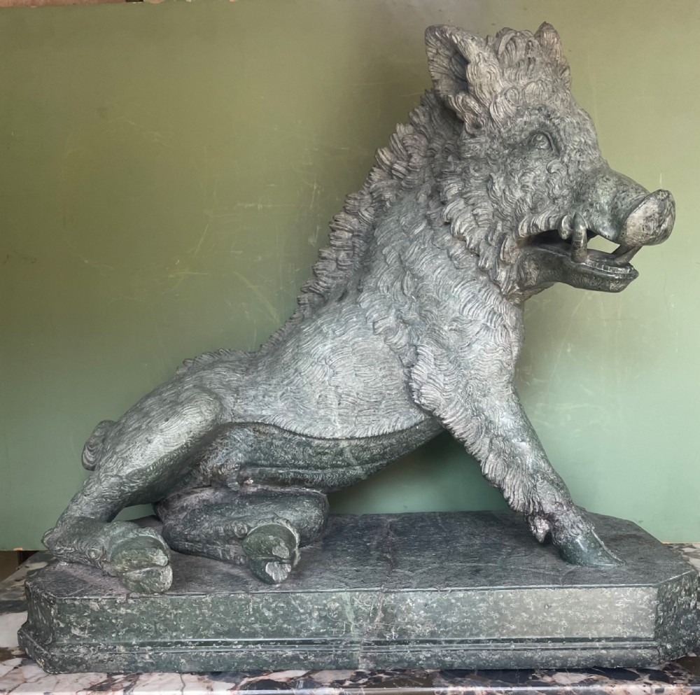 Large scale C19th Italian ‘Grand Tour’ souvenir carved ‘prato verde’ serpentine marble sculpture reduction copy, after the antique,  known as “Il Porcellino” or The Uffizi Boar. 