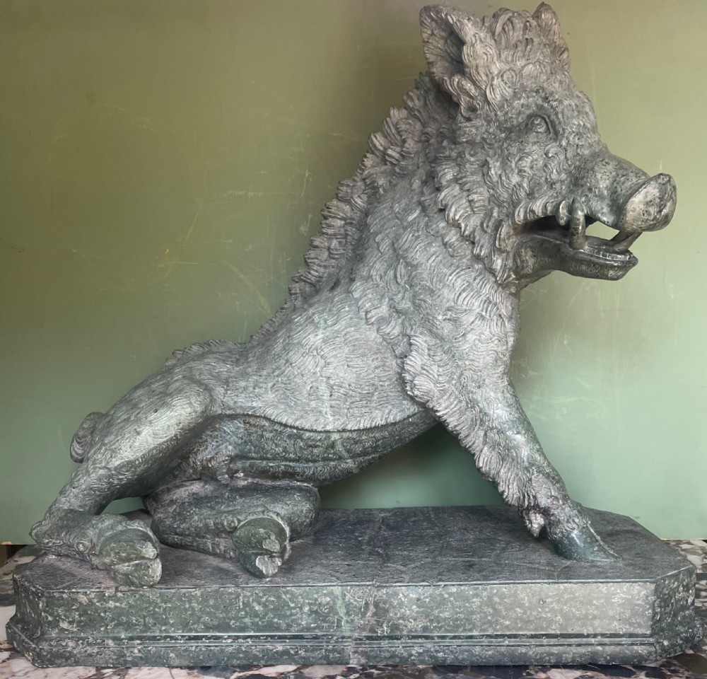 Large scale C19th Italian ‘Grand Tour’ souvenir carved ‘prato verde’ serpentine marble sculpture reduction copy, after the antique,  known as “Il Porcellino” or The Uffizi Boar.  View II